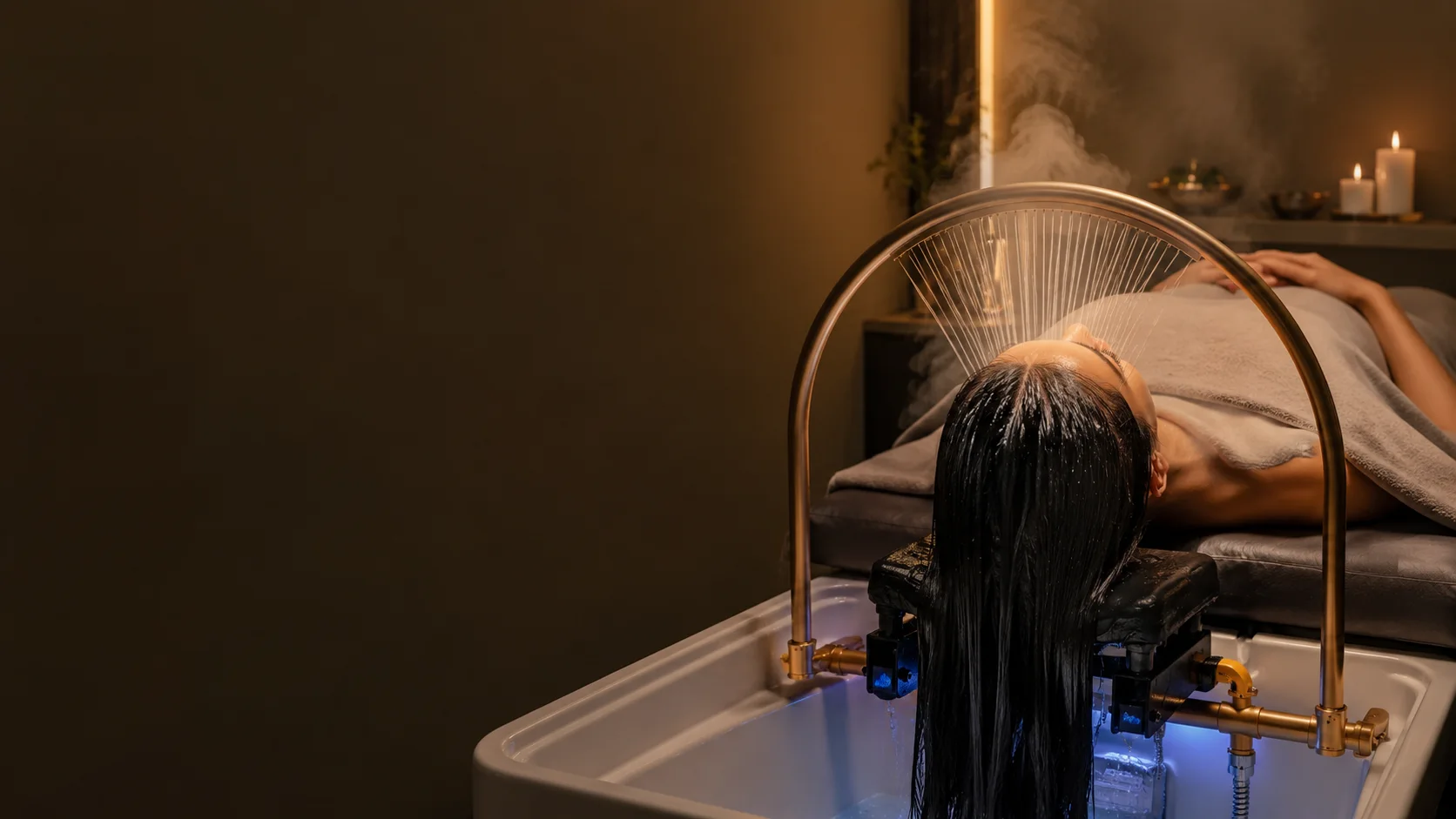 Guest resting on the head spa bed as the golden water-fan arch streams warm water over her hair into the glowing basin